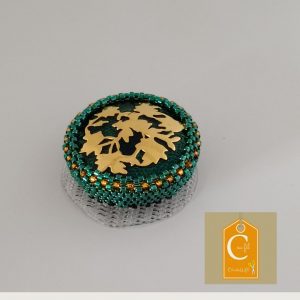 Broche aimantée bouton vert avec feuillage doré